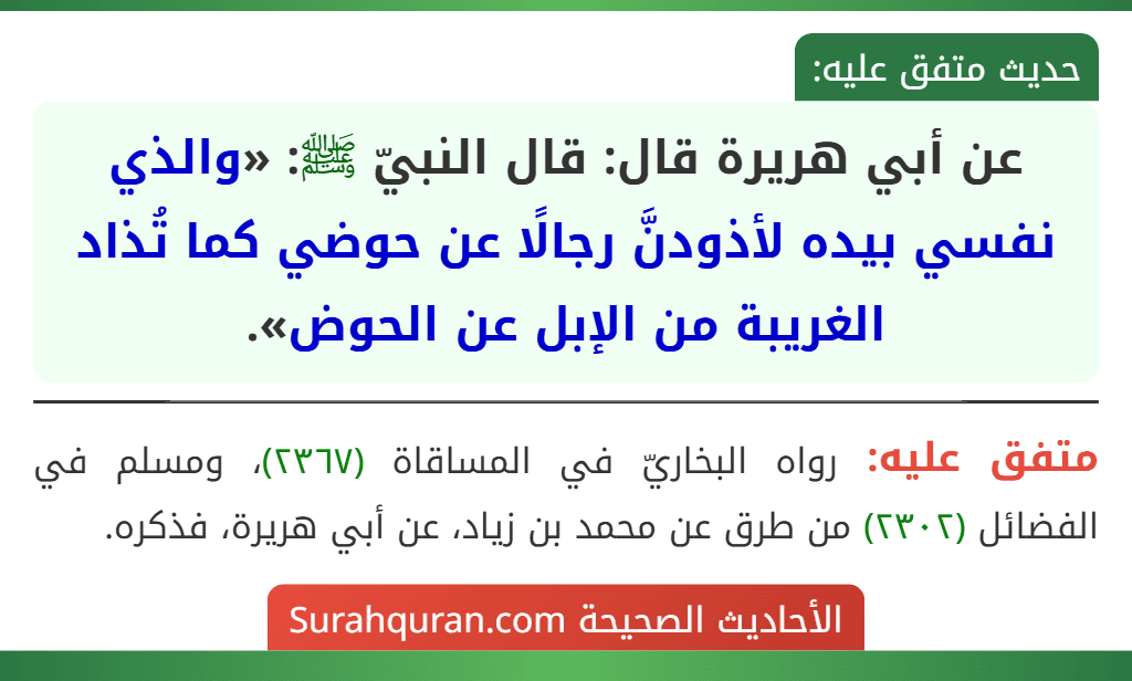 عن أبي هريرة قال: قال النبيّ ﷺ: «والذي نفسي بيده لأذودنَّ رجالًا عن حوضي كما تُذاد الغريبة من الإبل عن الحوض».