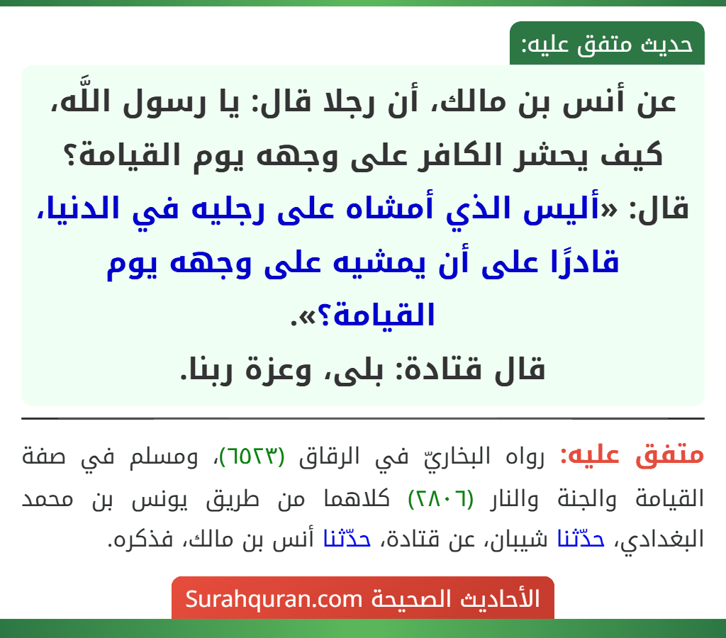 عن أنس بن مالك، أن رجلا قال: يا رسول اللَّه، كيف يحشر الكافر على وجهه يوم القيامة؟ قال: «أليس الذي أمشاه على رجليه في الدنيا، قادرًا على أن يمشيه على وجهه يوم القيامة؟».
قال قتادة: بلى، وعزة ربنا. عن أنس بن مالك، أن رجلا قال: يا رسول اللَّه، كيف يحشر الكافر على وجهه يوم القيامة؟ قال: «أليس الذي أمشاه على رجليه في الدنيا، قادرًا على أن يمشيه على وجهه يوم القيامة؟».
قال قتادة: بلى، وعزة ربنا.