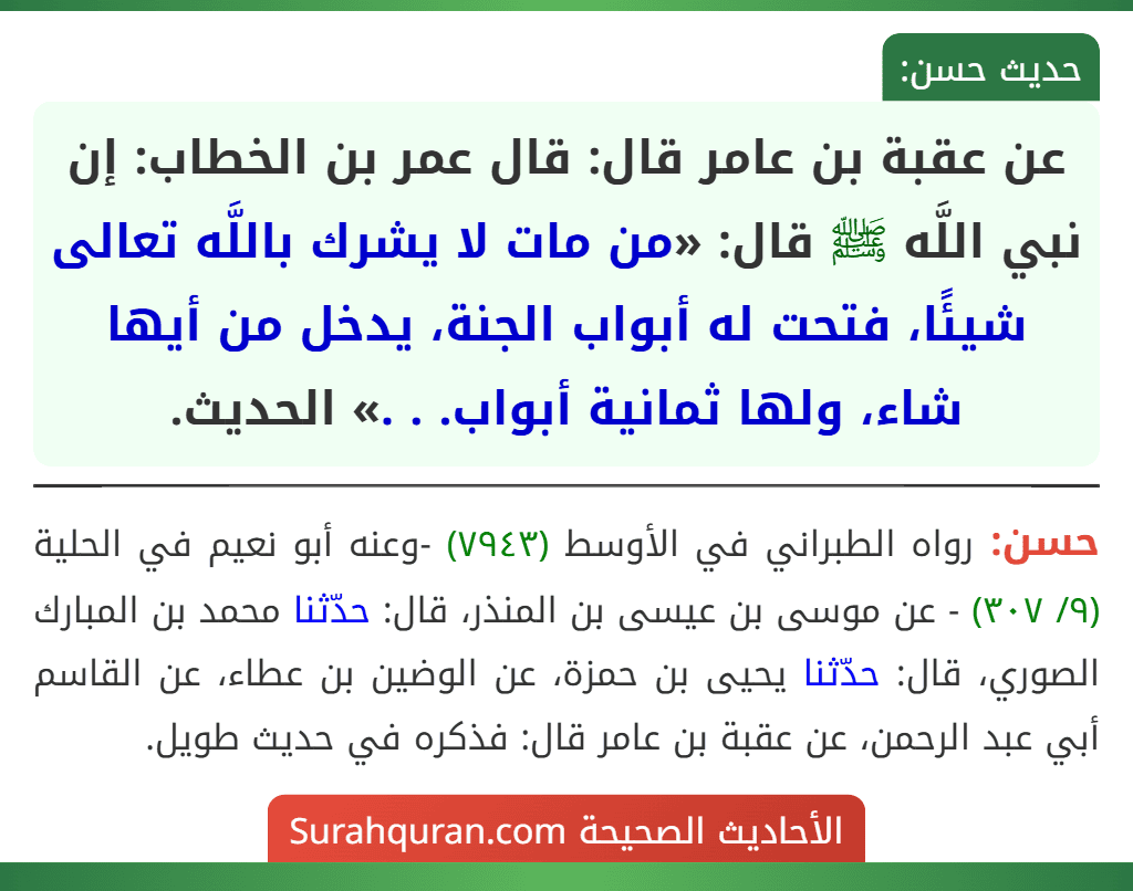 عن عقبة بن عامر قال: قال عمر بن الخطاب: إن نبي اللَّه ﷺ قال: «من مات لا يشرك باللَّه تعالى شيئًا، فتحت له أبواب الجنة، يدخل من أيها شاء، ولها ثمانية أبواب. . .» الحديث.
