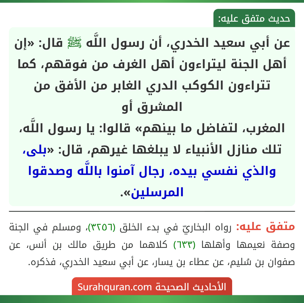عن أبي سعيد الخدري، أن رسول اللَّه ﷺ قال: «إن أهل الجنة ليتراءون أهل الغرف من فوقهم، كما تتراءون الكوكب الدري الغابر من الأفق من المشرق أو
المغرب، لتفاضل ما بينهم» قالوا: يا رسول اللَّه، تلك منازل الأنبياء لا يبلغها غيرهم، قال: «بلى، والذي نفسي بيده، رجال آمنوا باللَّه وصدقوا المرسلين».