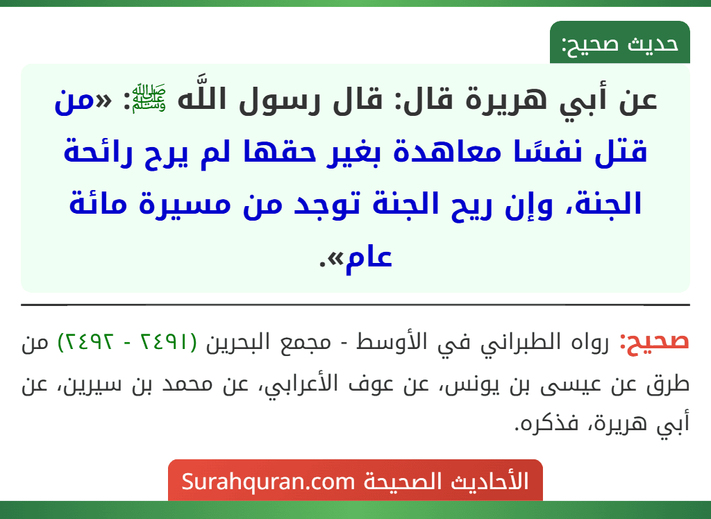 عن أبي هريرة قال: قال رسول اللَّه ﷺ: «من قتل نفسًا معاهدة بغير حقها لم يرح رائحة الجنة، وإن ريح الجنة توجد من مسيرة مائة عام».
