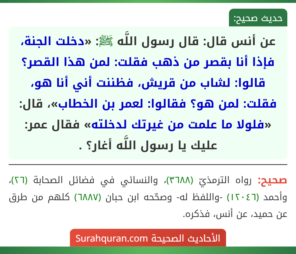 عن أنس قال: قال رسول اللَّه ﷺ: «دخلت الجنة، فإذا أنا بقصر من ذهب فقلت: لمن هذا القصر؟ قالوا: لشاب من قريش، فظننت أني أنا هو، فقلت: لمن هو؟ فقالوا: لعمر بن الخطاب»، قال: «فلولا ما علمت من غيرتك لدخلته» فقال عمر: عليك يا رسول اللَّه أغار؟ .