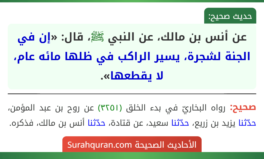 عن أنس بن مالك، عن النبي ﷺ، قال: «إن في الجنة لشجرة، يسير الراكب في ظلها مائه عام، لا يقطعها».