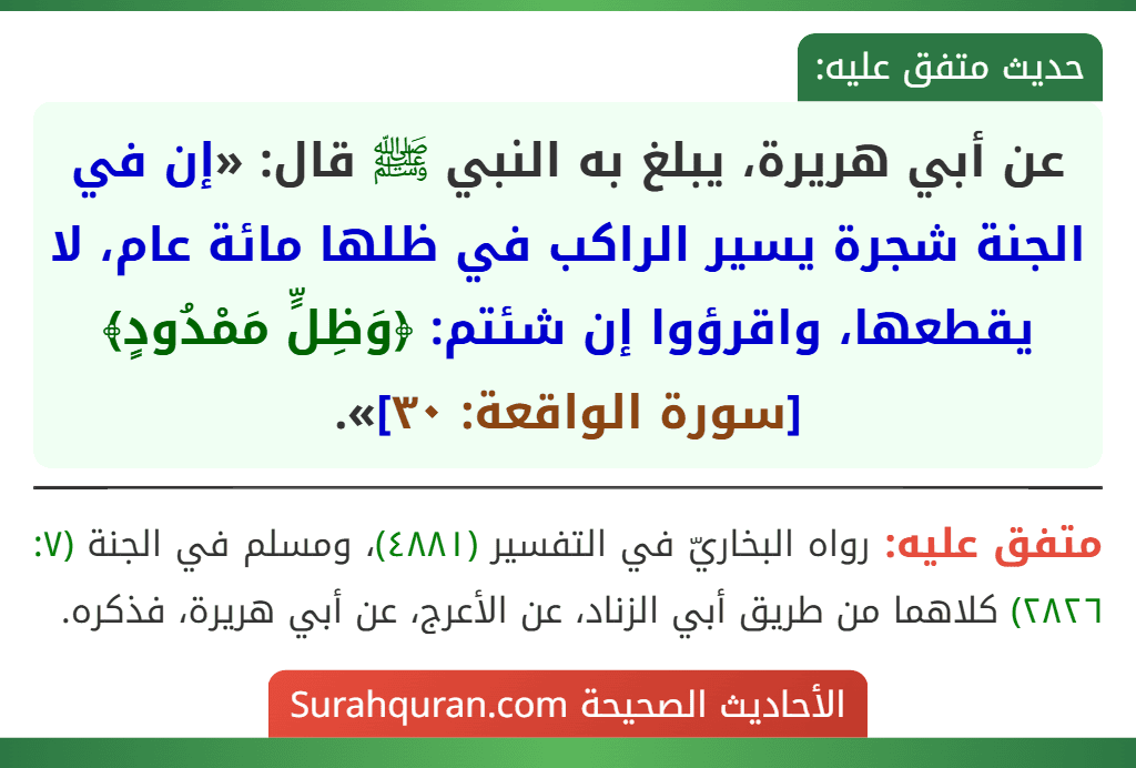 عن أبي هريرة، يبلغ به النبي ﷺ قال: «إن في الجنة شجرة يسير الراكب في ظلها مائة عام، لا يقطعها، واقرؤوا إن شئتم: ﴿وَظِلٍّ مَمْدُودٍ﴾ [سورة الواقعة: ٣٠]».