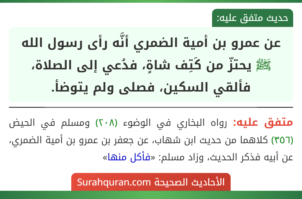عن عمرو بن أمية الضمري أنَّه رأى رسول الله ﷺ يحتزّ من كَتِف شاةٍ، فدُعي إلى الصلاة، فألقي السكين، فصلى ولم يتوضأ.