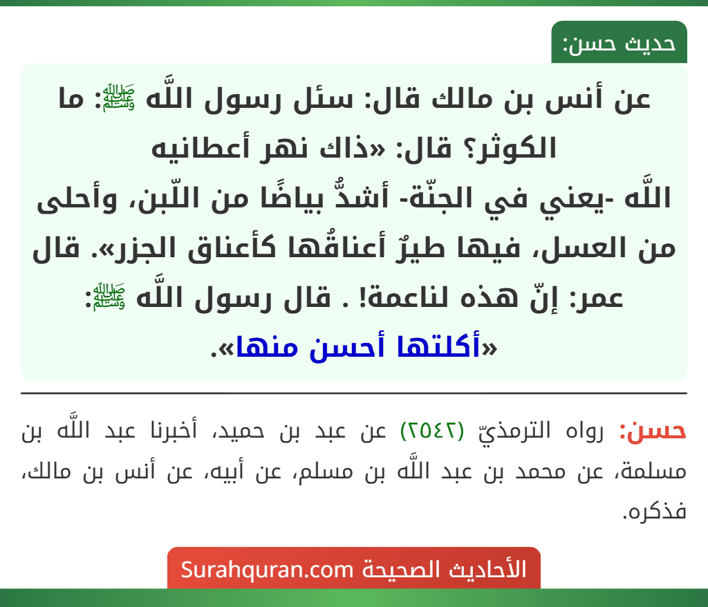 عن أنس بن مالك قال: سئل رسول اللَّه ﷺ: ما الكوثر؟ قال: «ذاك نهر أعطانيه
اللَّه -يعني في الجنّة- أشدُّ بياضًا من اللّبن، وأحلى من العسل، فيها طيرٌ أعناقُها كأعناق الجزر». قال عمر: إنّ هذه لناعمة! . قال رسول اللَّه ﷺ: «أكلتها أحسن منها». عن أنس بن مالك قال: سئل رسول اللَّه ﷺ: ما الكوثر؟ قال: «ذاك نهر أعطانيه
اللَّه -يعني في الجنّة- أشدُّ بياضًا من اللّبن، وأحلى من العسل، فيها طيرٌ أعناقُها كأعناق الجزر». قال عمر: إنّ هذه لناعمة! . قال رسول اللَّه ﷺ: «أكلتها أحسن منها».
