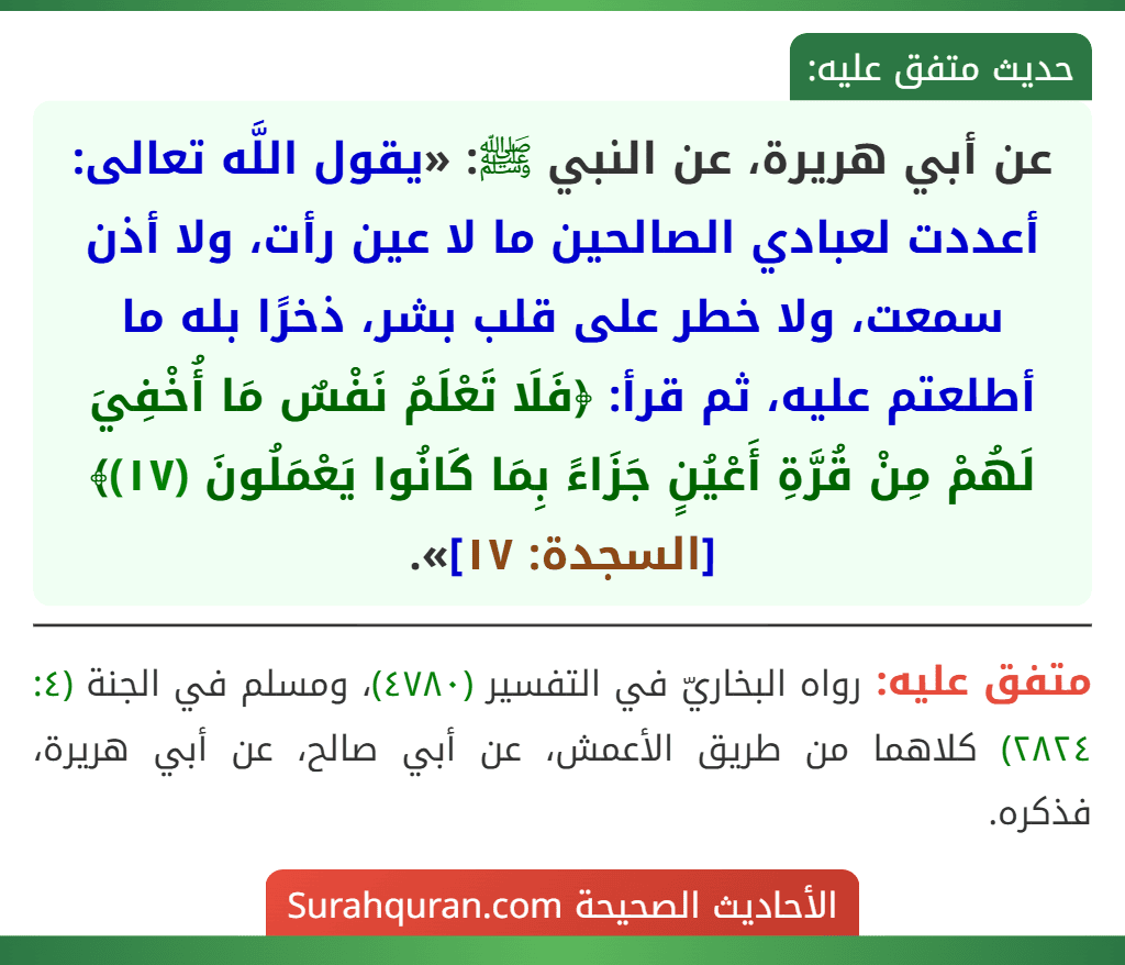 عن أبي هريرة، عن النبي ﷺ: «يقول اللَّه تعالى: أعددت لعبادي الصالحين ما لا عين رأت، ولا أذن سمعت، ولا خطر على قلب بشر، ذخرًا بله ما أطلعتم عليه، ثم قرأ: ﴿فَلَا تَعْلَمُ نَفْسٌ مَا أُخْفِيَ لَهُمْ مِنْ قُرَّةِ أَعْيُنٍ جَزَاءً بِمَا كَانُوا يَعْمَلُونَ (١٧)﴾ [السجدة: ١٧]».