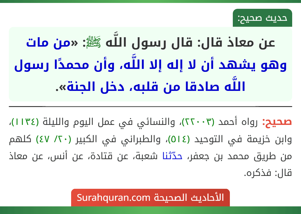 عن معاذ قال: قال رسول اللَّه ﷺ: «من مات وهو يشهد أن لا إله إلا اللَّه، وأن محمدًا رسول اللَّه صادقا من قلبه، دخل الجنة».