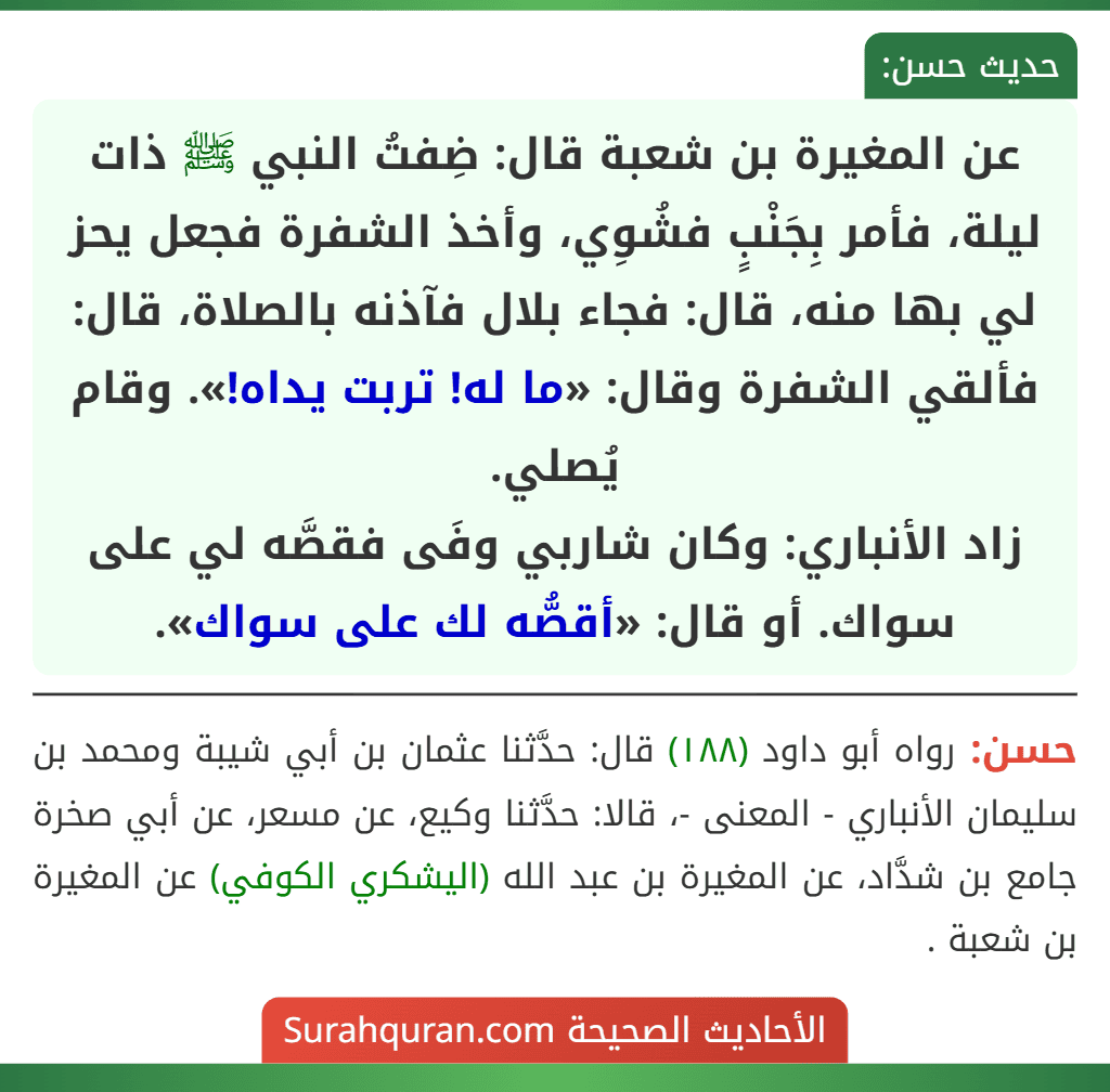 عن المغيرة بن شعبة قال: ضِفتُ النبي ﷺ ذات ليلة، فأمر بِجَنْبٍ فشُوِي، وأخذ الشفرة فجعل يحز لي بها منه، قال: فجاء بلال فآذنه بالصلاة، قال: فألقي الشفرة وقال: «ما له! تربت يداه!». وقام يُصلي.
زاد الأنباري: وكان شاربي وفَى فقصَّه لي على سواك. أو قال: «أقصُّه لك على سواك».