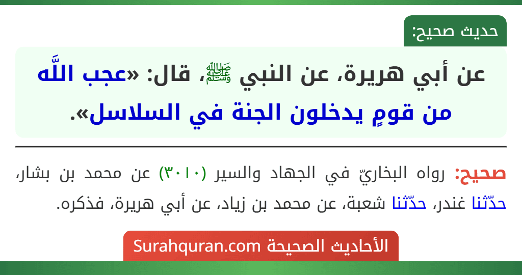 عن أبي هريرة، عن النبي ﷺ، قال: «عجب اللَّه من قومٍ يدخلون الجنة في السلاسل». عن أبي هريرة، عن النبي ﷺ، قال: «عجب اللَّه من قومٍ يدخلون الجنة في السلاسل».