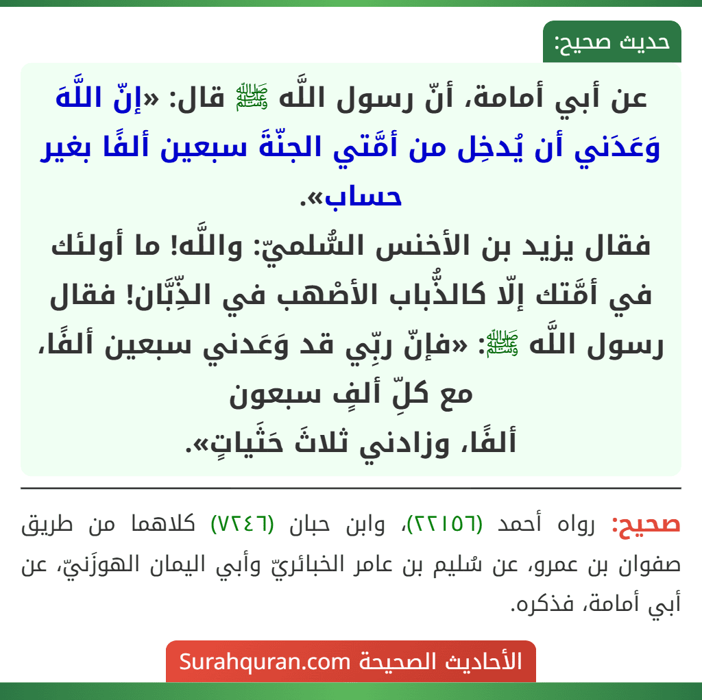 عن أبي أمامة، أنّ رسول اللَّه ﷺ قال: «إنّ اللَّهَ وَعَدَني أن يُدخِل من أمَّتي الجنّةَ سبعين ألفًا بغير حساب».
فقال يزيد بن الأخنس السُّلميّ: واللَّه! ما أولئك في أمَّتك إلّا كالذُّباب الأصْهب في الذِّبَّان! فقال رسول اللَّه ﷺ: «فإنّ ربِّي قد وَعَدني سبعين ألفًا، مع كلِّ ألفٍ سبعون
ألفًا، وزادني ثلاثَ حَثَياتٍ». عن أبي أمامة، أنّ رسول اللَّه ﷺ قال: «إنّ اللَّهَ وَعَدَني أن يُدخِل من أمَّتي الجنّةَ سبعين ألفًا بغير حساب».
فقال يزيد بن الأخنس السُّلميّ: واللَّه! ما أولئك في أمَّتك إلّا كالذُّباب الأصْهب في الذِّبَّان! فقال رسول اللَّه ﷺ: «فإنّ ربِّي قد وَعَدني سبعين ألفًا، مع كلِّ ألفٍ سبعون
ألفًا، وزادني ثلاثَ حَثَياتٍ».