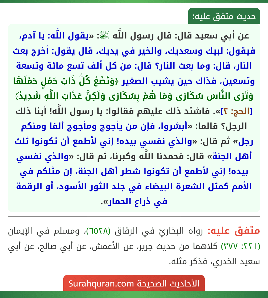 عن أبي سعيد قال: قال رسول اللَّه ﷺ: «يقول اللَّه: يا آدم، فيقول: لبيك وسعديك، والخير في يديك، قال يقول: أخرج بعث النار، قال: وما بعث النار؟ قال: من كل ألف تسع مائة وتسعة وتسعين، فذاك حين يشيب الصغير ﴿وَتَضَعُ كُلُّ ذَاتِ حَمْلٍ حَمْلَهَا وَتَرَى النَّاسَ سُكَارَى وَمَا هُمْ بِسُكَارَى وَلَكِنَّ عَذَابَ اللَّهِ شَدِيدٌ﴾ [الحج: ٢]». فاشتد ذلك عليهم فقالوا: يا رسول اللَّه! أينا ذلك الرجل؟ قالما: «أبشروا، فإن من يأجوج ومأجوج ألفا ومنكم رجل» ثم قال: «والذي نفسي بيده! إني لأطمع أن تكونوا ثلث أهل الجنة» قال: فحمدنا اللَّه وكبرنا، ثم قال: «والذي نفسي بيده! إني لأطمع أن تكونوا شطر أهل الجنة، إن مثلكم في الأمم كمثل الشعرة البيضاء في جلد الثور الأسود، أو الرقمة في ذراع الحمار».