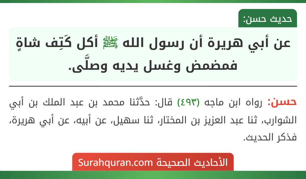 عن أبي هريرة أن رسول الله ﷺ أكل كَتِف شاةٍ فمضمض وغسل يديه وصلَّى.