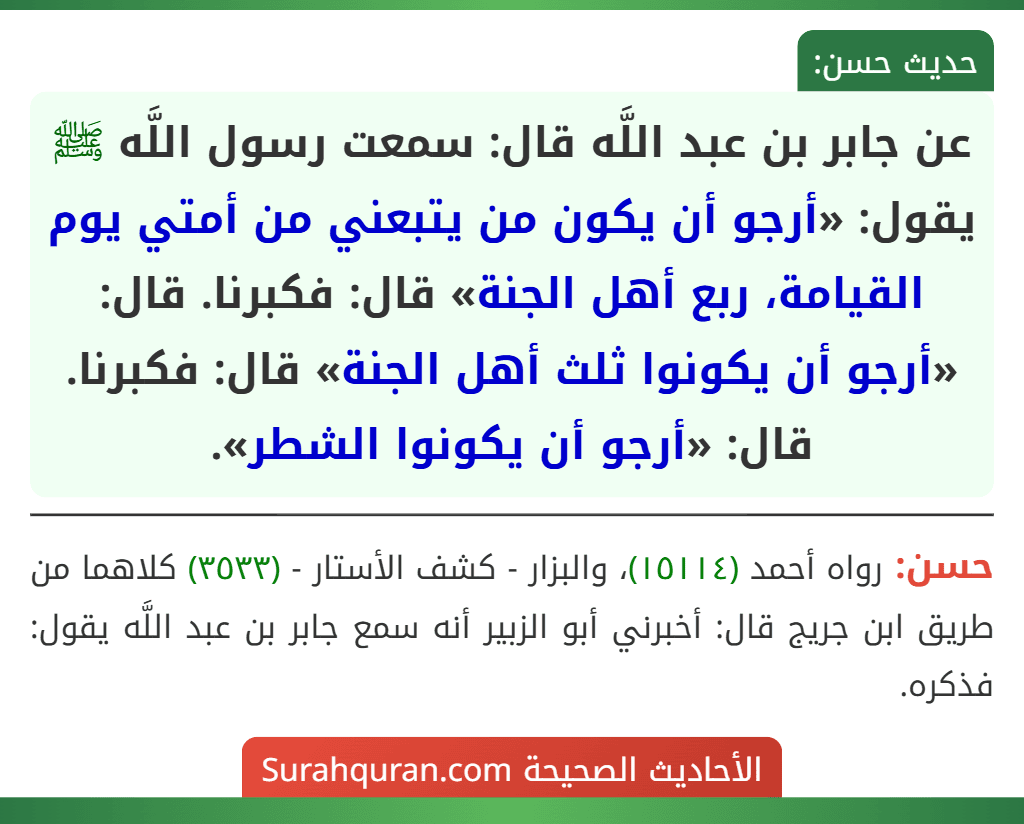 عن جابر بن عبد اللَّه قال: سمعت رسول اللَّه ﷺ يقول: «أرجو أن يكون من يتبعني من أمتي يوم القيامة، ربع أهل الجنة» قال: فكبرنا. قال: «أرجو أن يكونوا ثلث أهل الجنة» قال: فكبرنا. قال: «أرجو أن يكونوا الشطر».