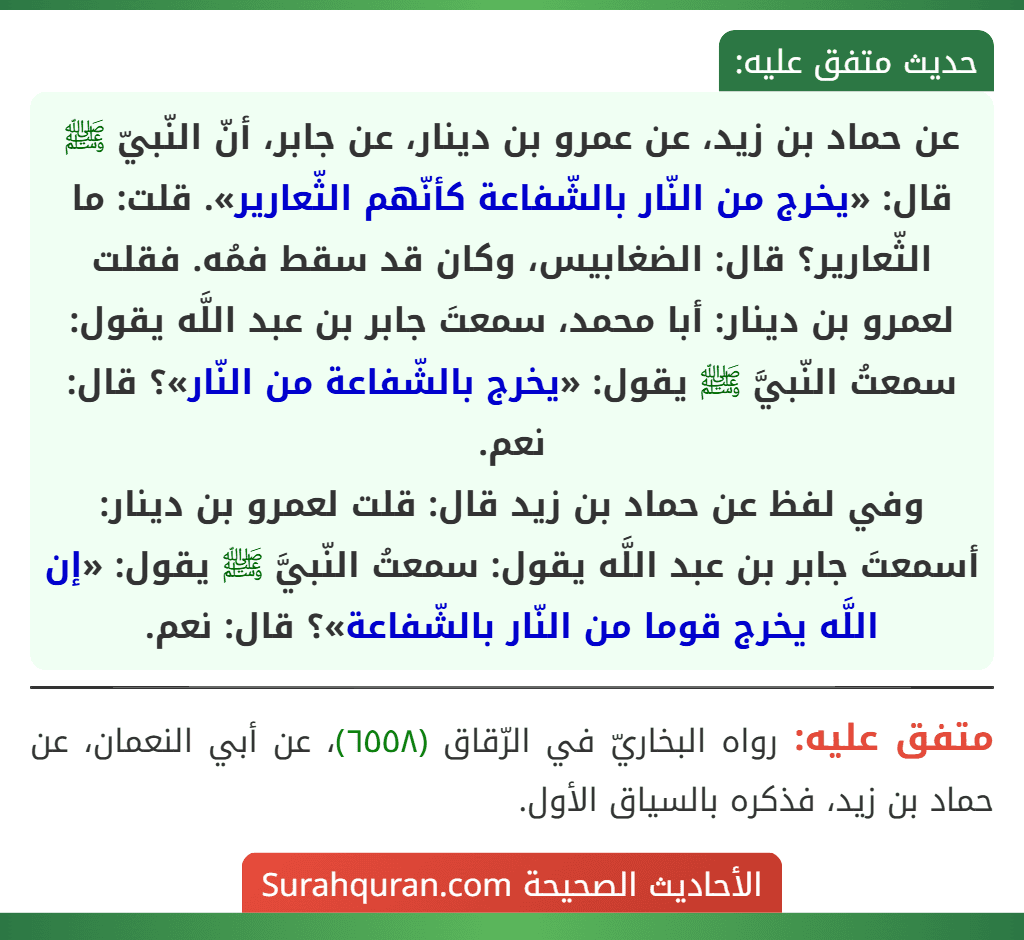 عن حماد بن زيد، عن عمرو بن دينار، عن جابر، أنّ النّبيّ ﷺ قال: «يخرج من النّار بالشّفاعة كأنّهم الثّعارير». قلت: ما الثّعارير؟ قال: الضغابيس، وكان قد سقط فمُه. فقلت لعمرو بن دينار: أبا محمد، سمعتَ جابر بن عبد اللَّه يقول: سمعتُ النّبيَّ ﷺ يقول: «يخرج بالشّفاعة من النّار»؟ قال: نعم.
وفي لفظ عن حماد بن زيد قال: قلت لعمرو بن دينار: أسمعتَ جابر بن عبد اللَّه يقول: سمعتُ النّبيَّ ﷺ يقول: «إن اللَّه يخرج قوما من النّار بالشّفاعة»؟ قال: نعم. عن حماد بن زيد، عن عمرو بن دينار، عن جابر، أنّ النّبيّ ﷺ قال: «يخرج من النّار بالشّفاعة كأنّهم الثّعارير». قلت: ما الثّعارير؟ قال: الضغابيس، وكان قد سقط فمُه. فقلت لعمرو بن دينار: أبا محمد، سمعتَ جابر بن عبد اللَّه يقول: سمعتُ النّبيَّ ﷺ يقول: «يخرج بالشّفاعة من النّار»؟ قال: نعم.
وفي لفظ عن حماد بن زيد قال: قلت لعمرو بن دينار: أسمعتَ جابر بن عبد اللَّه يقول: سمعتُ النّبيَّ ﷺ يقول: «إن اللَّه يخرج قوما من النّار بالشّفاعة»؟ قال: نعم.