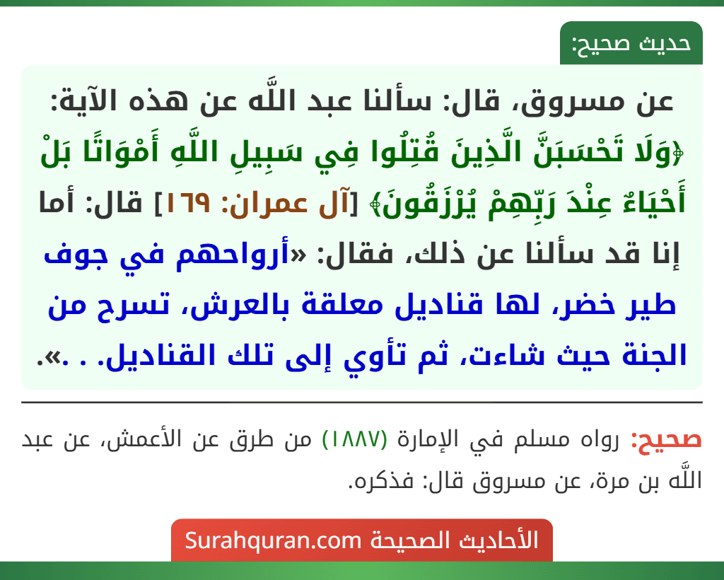 عن مسروق، قال: سألنا عبد اللَّه عن هذه الآية: ﴿وَلَا تَحْسَبَنَّ الَّذِينَ قُتِلُوا فِي سَبِيلِ اللَّهِ أَمْوَاتًا بَلْ أَحْيَاءٌ عِنْدَ رَبِّهِمْ يُرْزَقُونَ﴾ [آل عمران: ١٦٩] قال: أما إنا قد سألنا عن ذلك، فقال: «أرواحهم في جوف طير خضر، لها قناديل معلقة بالعرش، تسرح من الجنة حيث شاءت، ثم تأوي إلى تلك القناديل. . .».