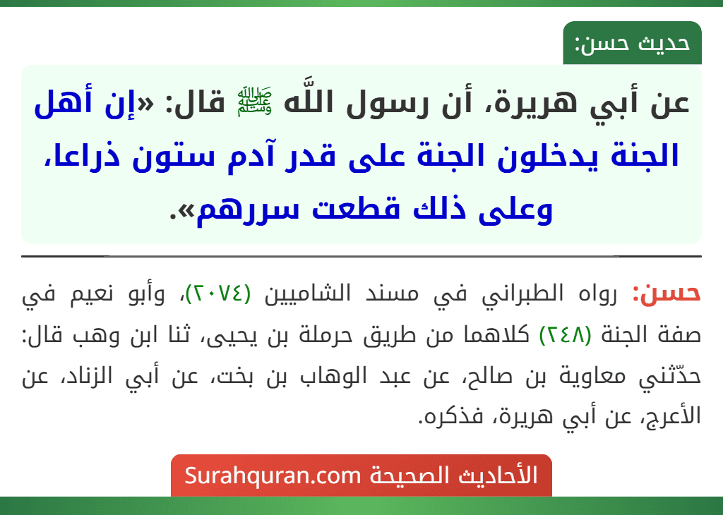 عن أبي هريرة، أن رسول اللَّه ﷺ قال: «إن أهل الجنة يدخلون الجنة على قدر آدم ستون ذراعا، وعلى ذلك قطعت سررهم».