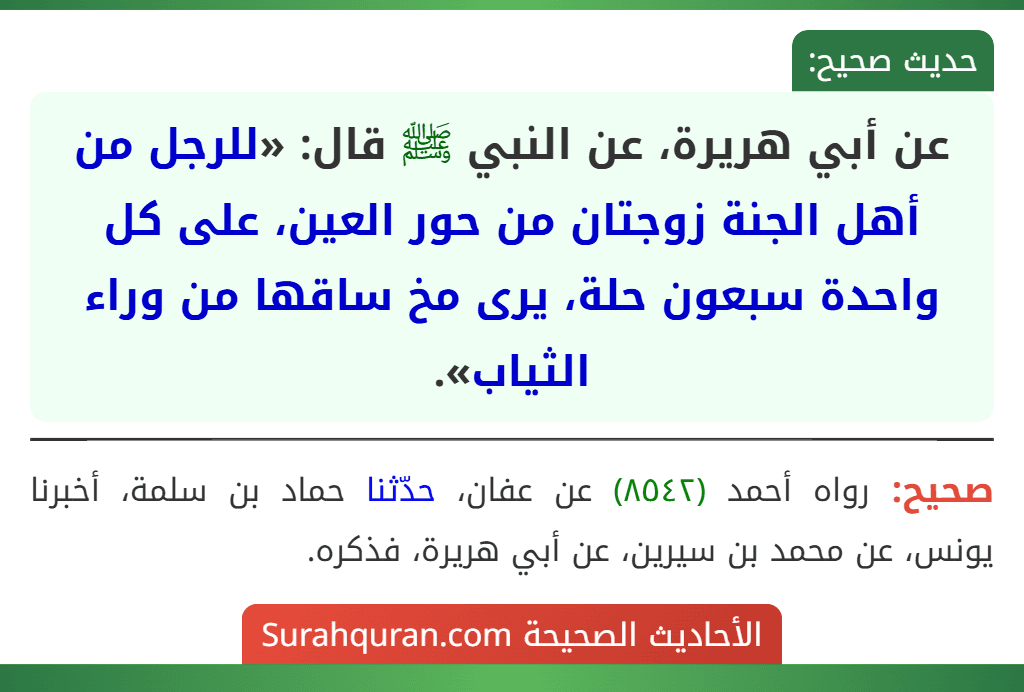 عن أبي هريرة، عن النبي ﷺ قال: «للرجل من أهل الجنة زوجتان من حور العين، على كل واحدة سبعون حلة، يرى مخ ساقها من وراء الثياب».