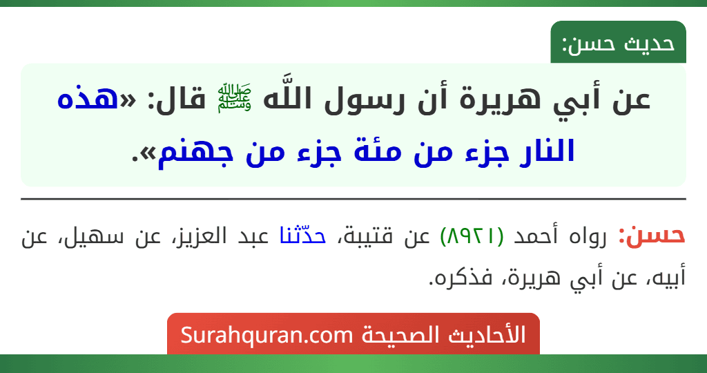 عن أبي هريرة أن رسول اللَّه ﷺ قال: «هذه النار جزء من مئة جزء من جهنم».