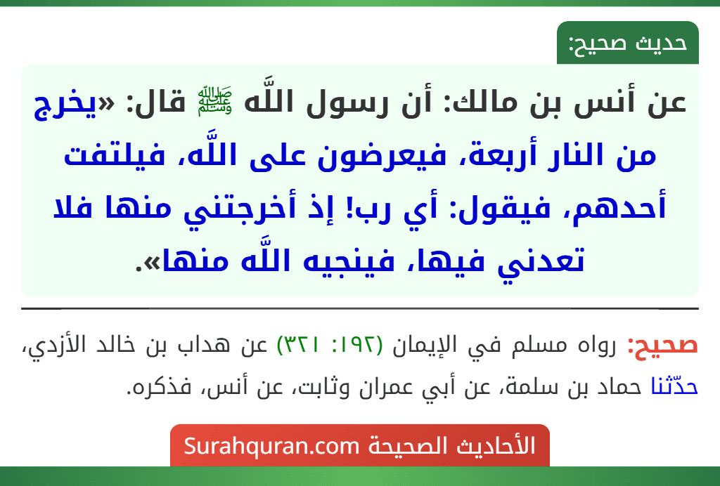 عن أنس بن مالك: أن رسول اللَّه ﷺ قال: «يخرج من النار أربعة، فيعرضون على اللَّه، فيلتفت أحدهم، فيقول: أي رب! إذ أخرجتني منها فلا تعدني فيها، فينجيه اللَّه منها».