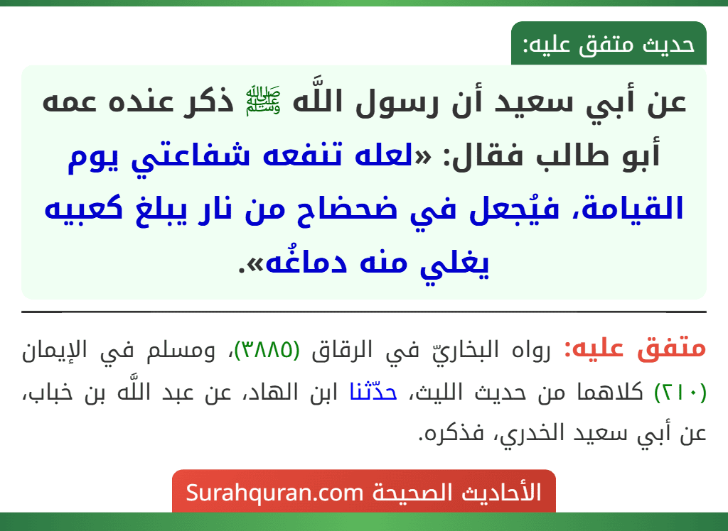 عن أبي سعيد أن رسول اللَّه ﷺ ذكر عنده عمه أبو طالب فقال: «لعله تنفعه شفاعتي يوم القيامة، فيُجعل في ضحضاح من نار يبلغ كعبيه يغلي منه دماغُه». عن أبي سعيد أن رسول اللَّه ﷺ ذكر عنده عمه أبو طالب فقال: «لعله تنفعه شفاعتي يوم القيامة، فيُجعل في ضحضاح من نار يبلغ كعبيه يغلي منه دماغُه».