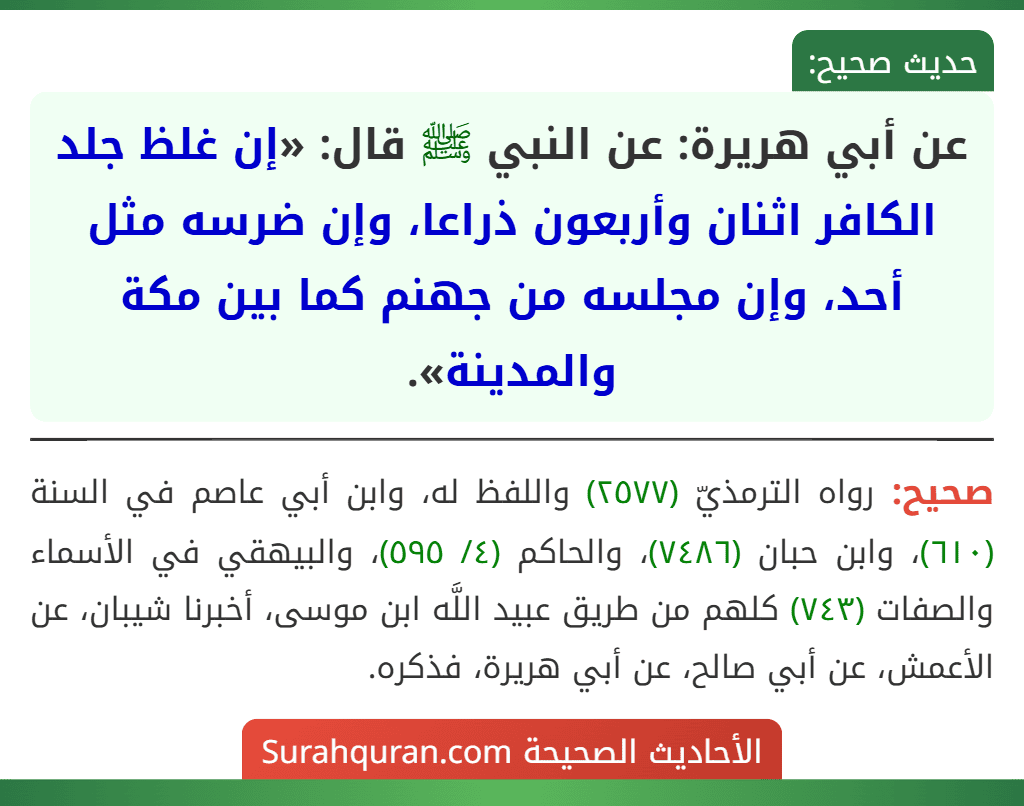 عن أبي هريرة: عن النبي ﷺ قال: «إن غلظ جلد الكافر اثنان وأربعون ذراعا، وإن ضرسه مثل أحد، وإن مجلسه من جهنم كما بين مكة والمدينة». عن أبي هريرة: عن النبي ﷺ قال: «إن غلظ جلد الكافر اثنان وأربعون ذراعا، وإن ضرسه مثل أحد، وإن مجلسه من جهنم كما بين مكة والمدينة».
