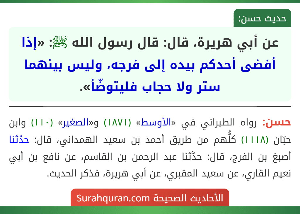 عن أبي هريرة، قال: قال رسول الله ﷺ: «إذا أفضى أحدكم بيده إلى فرجه، وليس بينهما ستر ولا حجاب فليتوضّأ».