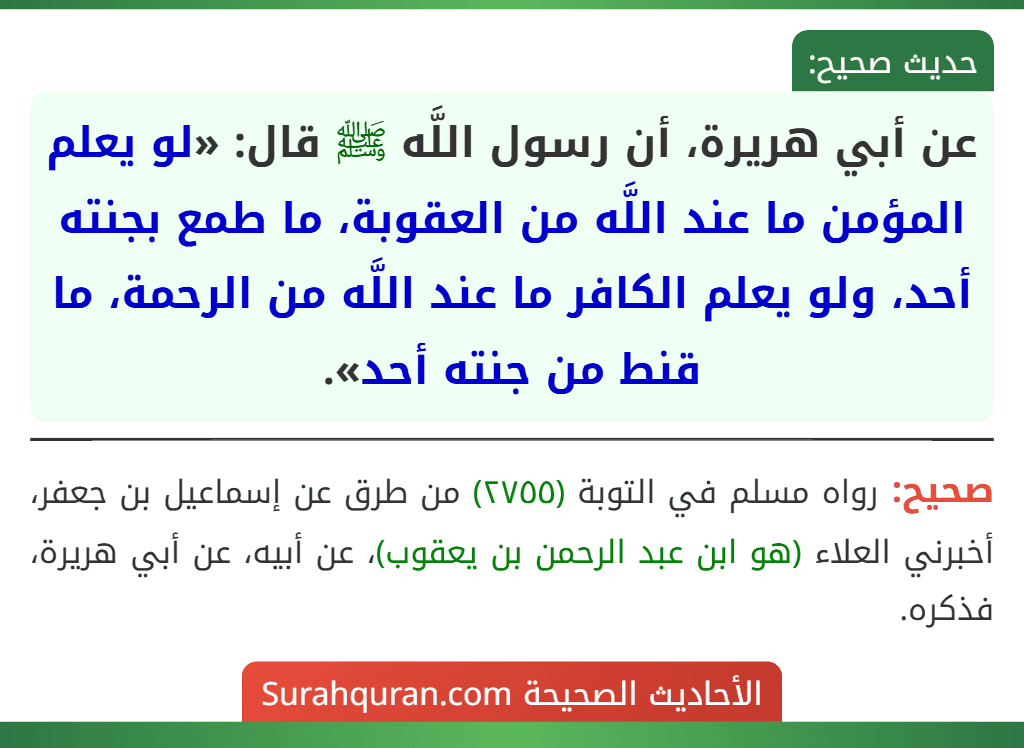 عن أبي هريرة، أن رسول اللَّه ﷺ قال: «لو يعلم المؤمن ما عند اللَّه من العقوبة، ما طمع بجنته أحد، ولو يعلم الكافر ما عند اللَّه من الرحمة، ما قنط من جنته أحد». عن أبي هريرة، أن رسول اللَّه ﷺ قال: «لو يعلم المؤمن ما عند اللَّه من العقوبة، ما طمع بجنته أحد، ولو يعلم الكافر ما عند اللَّه من الرحمة، ما قنط من جنته أحد».