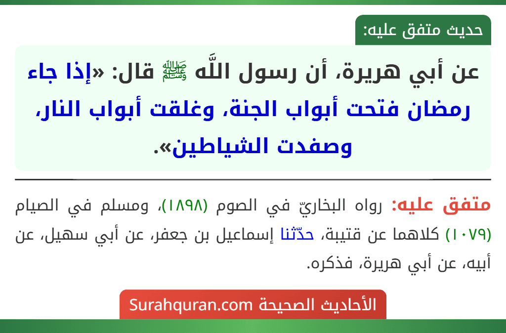 عن أبي هريرة، أن رسول اللَّه ﷺ قال: «إذا جاء رمضان فتحت أبواب الجنة، وغلقت أبواب النار، وصفدت الشياطين».