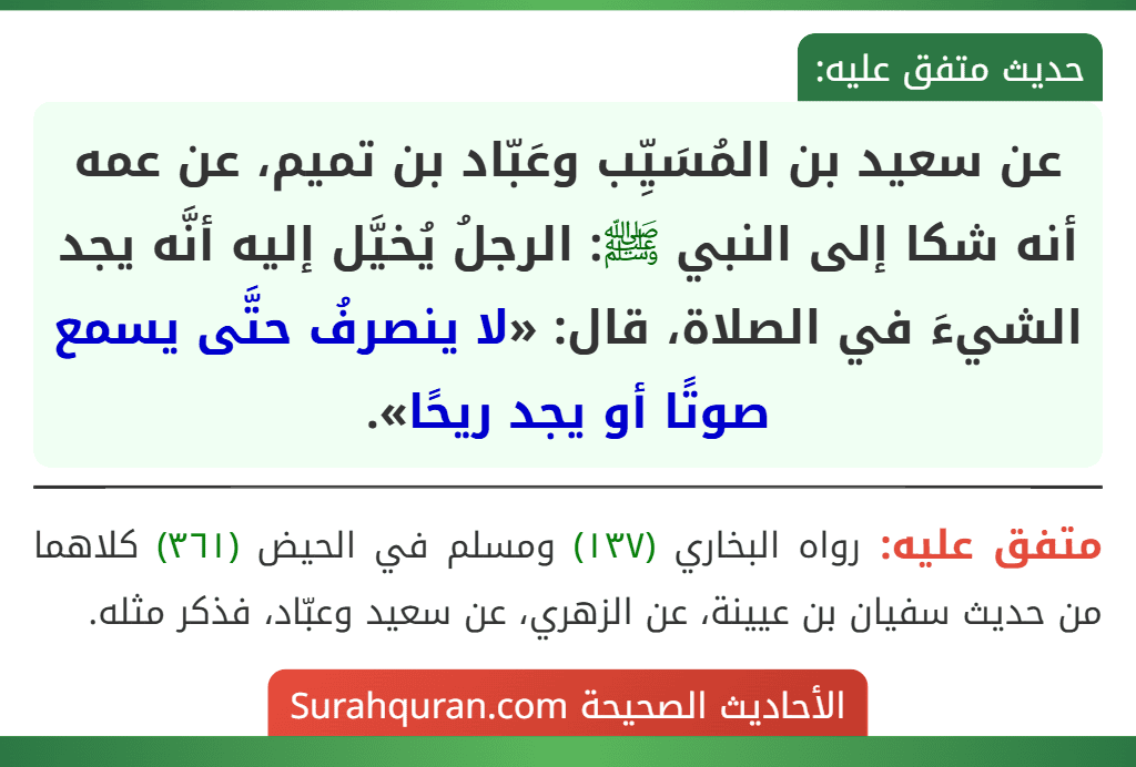 عن سعيد بن المُسَيِّب وعَبّاد بن تميم، عن عمه أنه شكا إلى النبي ﷺ: الرجلُ يُخيَّل إليه أنَّه يجد الشيءَ في الصلاة، قال: «لا ينصرفُ حتَّى يسمع صوتًا أو يجد ريحًا».