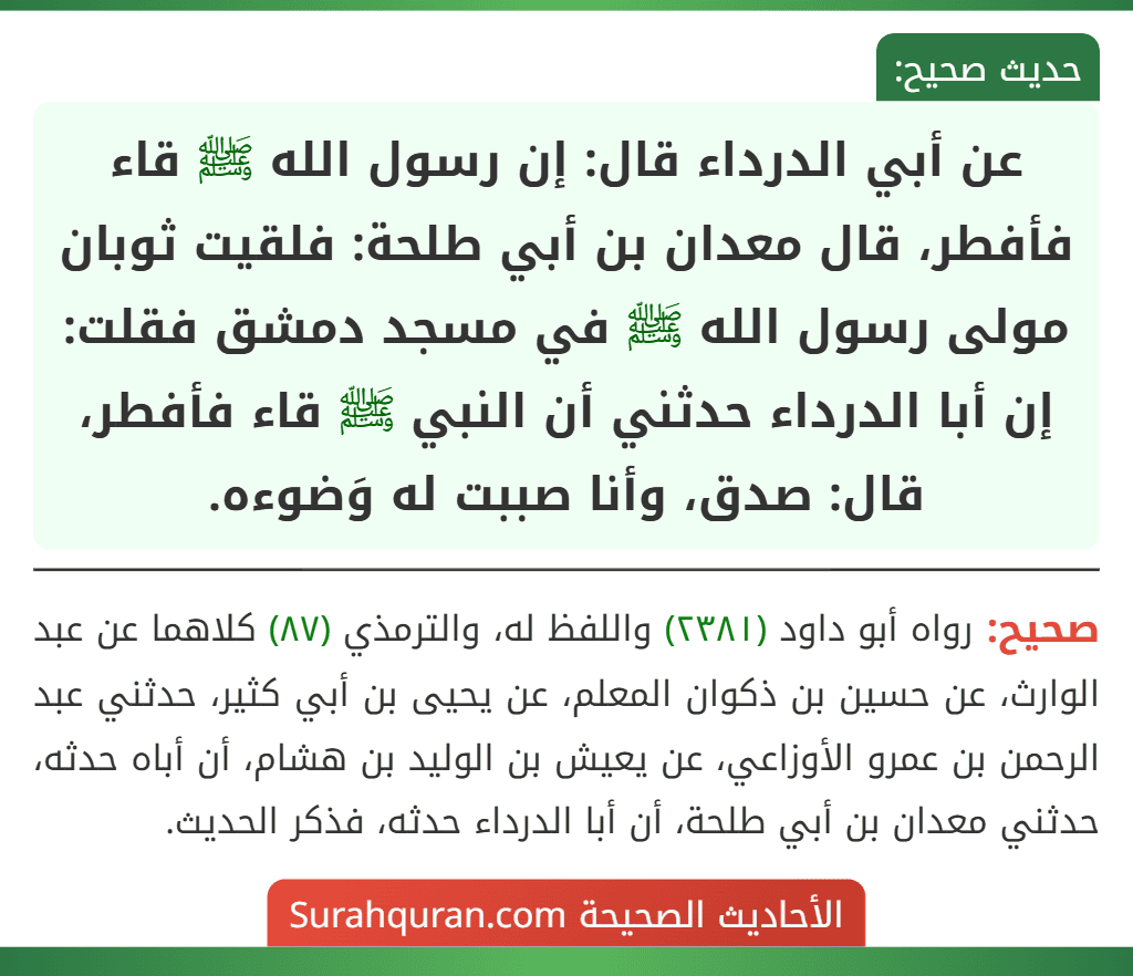 عن أبي الدرداء قال: إن رسول الله ﷺ قاء فأفطر، قال معدان بن أبي طلحة: فلقيت ثوبان مولى رسول الله ﷺ في مسجد دمشق فقلت: إن أبا الدرداء حدثني أن النبي ﷺ قاء فأفطر، قال: صدق، وأنا صببت له وَضوءه. عن أبي الدرداء قال: إن رسول الله ﷺ قاء فأفطر، قال معدان بن أبي طلحة: فلقيت ثوبان مولى رسول الله ﷺ في مسجد دمشق فقلت: إن أبا الدرداء حدثني أن النبي ﷺ قاء فأفطر، قال: صدق، وأنا صببت له وَضوءه.