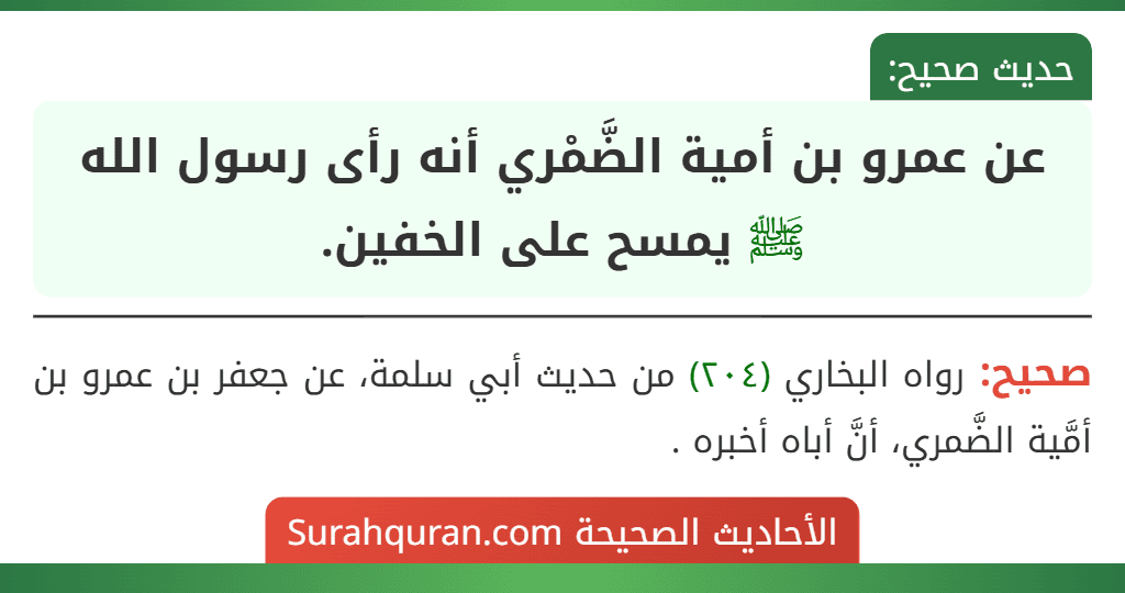 عن عمرو بن أمية الضَّمْري أنه رأى رسول الله ﷺ يمسح على الخفين.