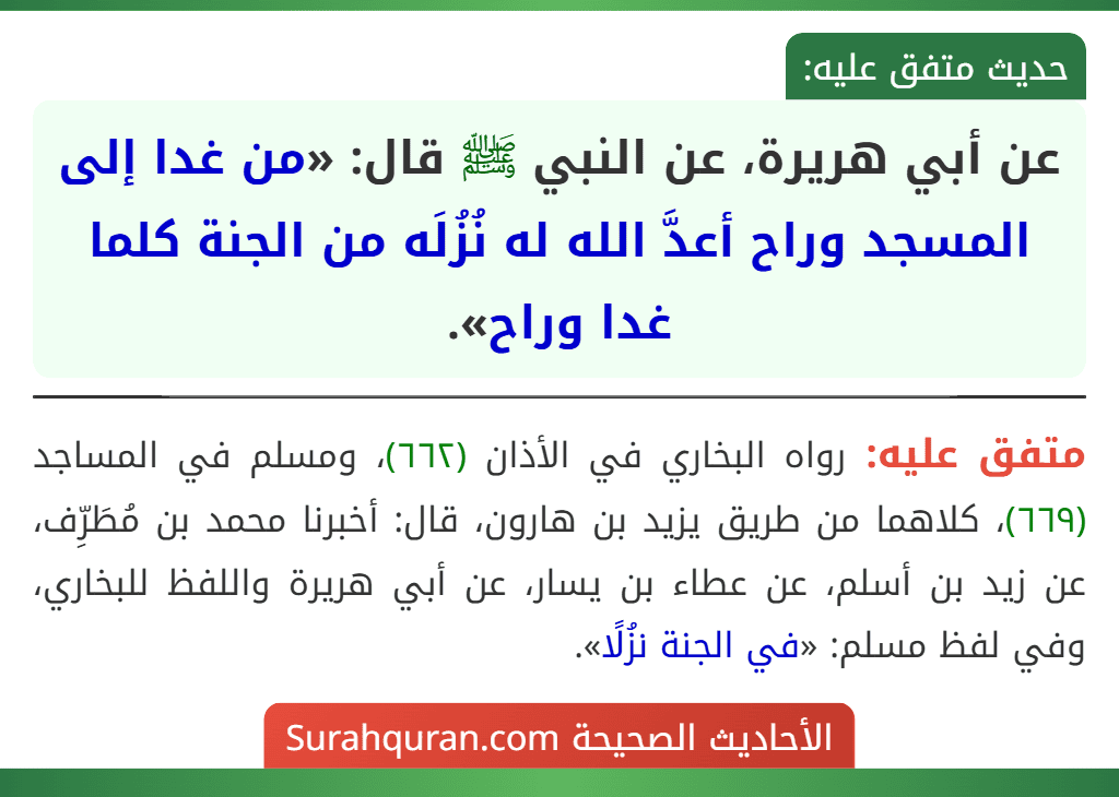 عن أبي هريرة، عن النبي ﷺ قال: «من غدا إلى المسجد وراح أعدَّ الله له نُزُلَه من الجنة كلما غدا وراح».