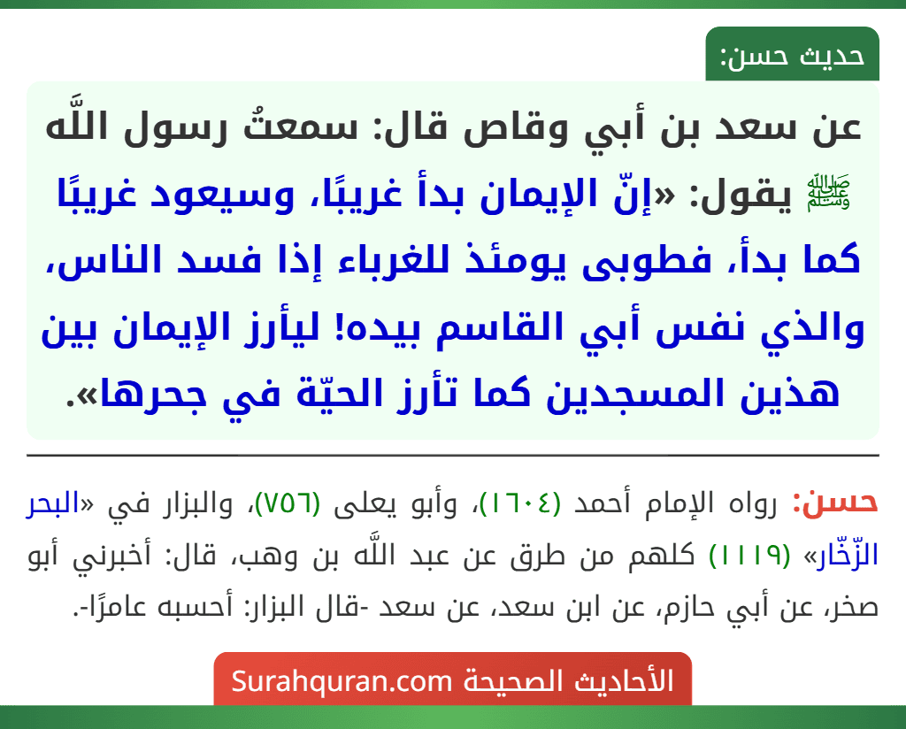 عن سعد بن أبي وقاص قال: سمعتُ رسول اللَّه ﷺ يقول: «إنّ الإيمان بدأ غريبًا، وسيعود غريبًا كما بدأ، فطوبى يومئذ للغرباء إذا فسد الناس، والذي نفس أبي القاسم بيده! ليأرز الإيمان بين هذين المسجدين كما تأرز الحيّة في جحرها».