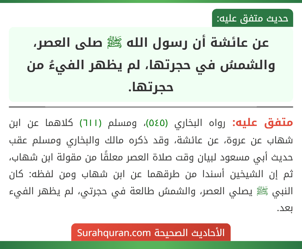 عن عائشة أن رسول الله ﷺ صلى العصر، والشمسُ في حجرتها، لم يظهر الفيءُ من حجرتها.