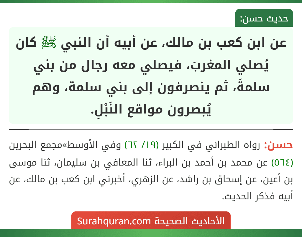 عن ابن كعب بن مالك، عن أبيه أن النبي ﷺ كان يُصلي المغربَ، فيصلي معه رجال من بني سلمةَ، ثم ينصرفون إلى بني سلمة، وهم يُبصرون مواقع النَبْلِ. عن ابن كعب بن مالك، عن أبيه أن النبي ﷺ كان يُصلي المغربَ، فيصلي معه رجال من بني سلمةَ، ثم ينصرفون إلى بني سلمة، وهم يُبصرون مواقع النَبْلِ.