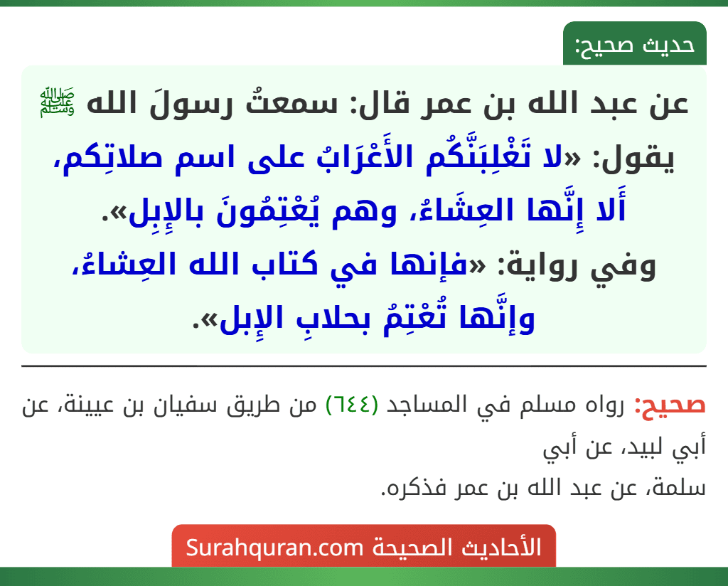 عن عبد الله بن عمر قال: سمعتُ رسولَ الله ﷺ يقول: «لا تَغْلِبَنَّكُم الأَعْرَابُ على اسم صلاتِكم، أَلا إِنَّها العِشَاءُ، وهم يُعْتِمُونَ بالإِبِل».
وفي رواية: «فإنها في كتاب الله العِشاءُ، وإنَّها تُعْتِمُ بحلابِ الإِبل». عن عبد الله بن عمر قال: سمعتُ رسولَ الله ﷺ يقول: «لا تَغْلِبَنَّكُم الأَعْرَابُ على اسم صلاتِكم، أَلا إِنَّها العِشَاءُ، وهم يُعْتِمُونَ بالإِبِل».
وفي رواية: «فإنها في كتاب الله العِشاءُ، وإنَّها تُعْتِمُ بحلابِ الإِبل».