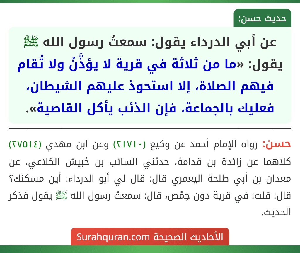 عن أبي الدرداء يقول: سمعتُ رسول الله ﷺ يقول: «ما من ثلاثة في قرية لا يؤذَّنُ ولا تُقام فيهم الصلاة، إلا استحوذ عليهم الشيطان، فعليك بالجماعة، فإن الذئب يأكل القاصية».
