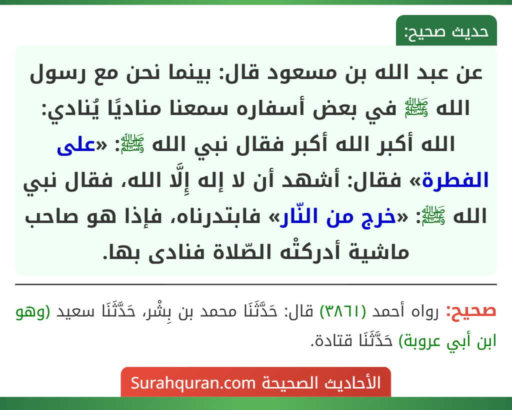 عن عبد الله بن مسعود قال: بينما نحن مع رسول الله ﷺ في بعض أسفاره سمعنا مناديًا يُنادي: الله أكبر الله أكبر فقال نبي الله ﷺ: «على الفطرة» فقال: أشهد أن لا إله إِلَّا الله، فقال نبي الله ﷺ: «خرج من النّار» فابتدرناه، فإذا هو صاحب ماشية أدركتْه الصّلاة فنادى بها. عن عبد الله بن مسعود قال: بينما نحن مع رسول الله ﷺ في بعض أسفاره سمعنا مناديًا يُنادي: الله أكبر الله أكبر فقال نبي الله ﷺ: «على الفطرة» فقال: أشهد أن لا إله إِلَّا الله، فقال نبي الله ﷺ: «خرج من النّار» فابتدرناه، فإذا هو صاحب ماشية أدركتْه الصّلاة فنادى بها.