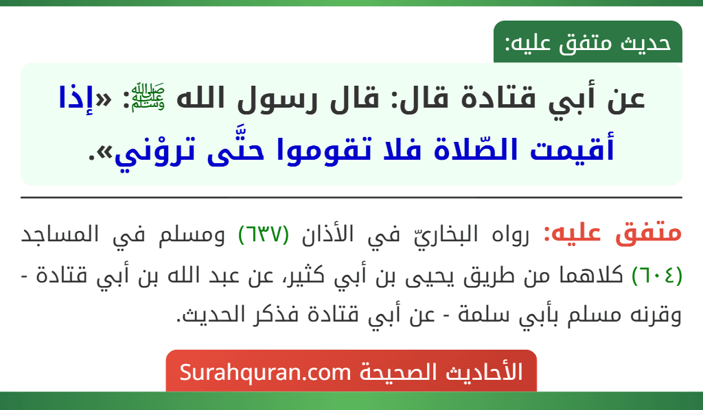 عن أبي قتادة قال: قال رسول الله ﷺ: «إذا أقيمت الصّلاة فلا تقوموا حتَّى تروْني». عن أبي قتادة قال: قال رسول الله ﷺ: «إذا أقيمت الصّلاة فلا تقوموا حتَّى تروْني».