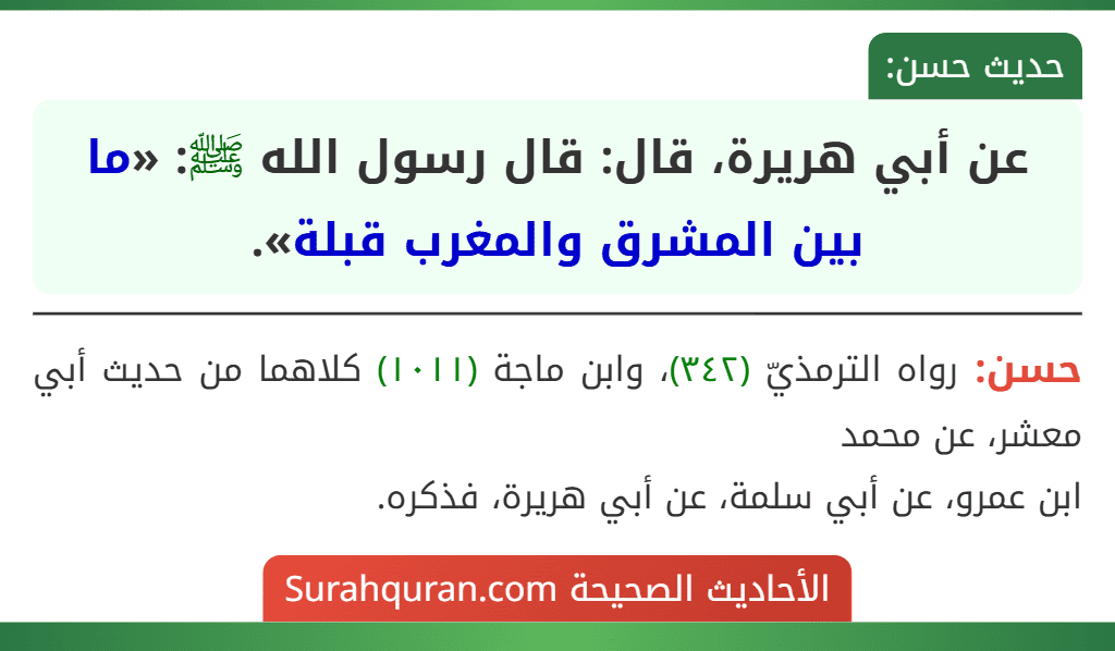 عن أبي هريرة، قال: قال رسول الله ﷺ: «ما بين المشرق والمغرب قبلة».