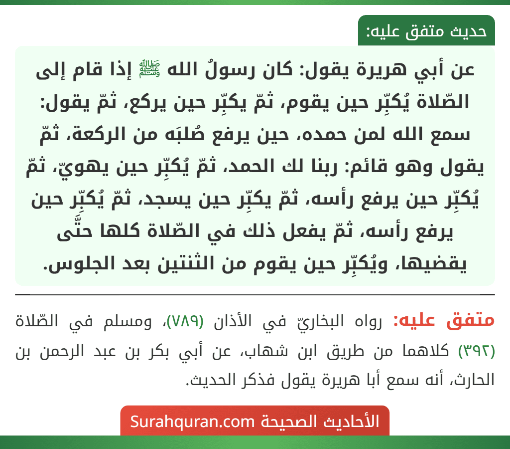 عن أبي هريرة يقول: كان رسولُ الله ﷺ إذا قام إلى الصّلاة يُكبِّر حين يقوم، ثمّ يكبِّر حين يركع، ثمّ يقول: سمع الله لمن حمده، حين يرفع صُلبَه من الركعة، ثمّ يقول وهو قائم: ربنا لك الحمد، ثمّ يُكبِّر حين يهويّ، ثمّ يُكبِّر حين يرفع رأسه، ثمّ يكبِّر حين يسجد، ثمّ يُكبِّر حين يرفع رأسه، ثمّ يفعل ذلك في الصّلاة كلها حتَّى يقضيها، ويُكبِّر حين يقوم من الثنتين بعد الجلوس. عن أبي هريرة يقول: كان رسولُ الله ﷺ إذا قام إلى الصّلاة يُكبِّر حين يقوم، ثمّ يكبِّر حين يركع، ثمّ يقول: سمع الله لمن حمده، حين يرفع صُلبَه من الركعة، ثمّ يقول وهو قائم: ربنا لك الحمد، ثمّ يُكبِّر حين يهويّ، ثمّ يُكبِّر حين يرفع رأسه، ثمّ يكبِّر حين يسجد، ثمّ يُكبِّر حين يرفع رأسه، ثمّ يفعل ذلك في الصّلاة كلها حتَّى يقضيها، ويُكبِّر حين يقوم من الثنتين بعد الجلوس.