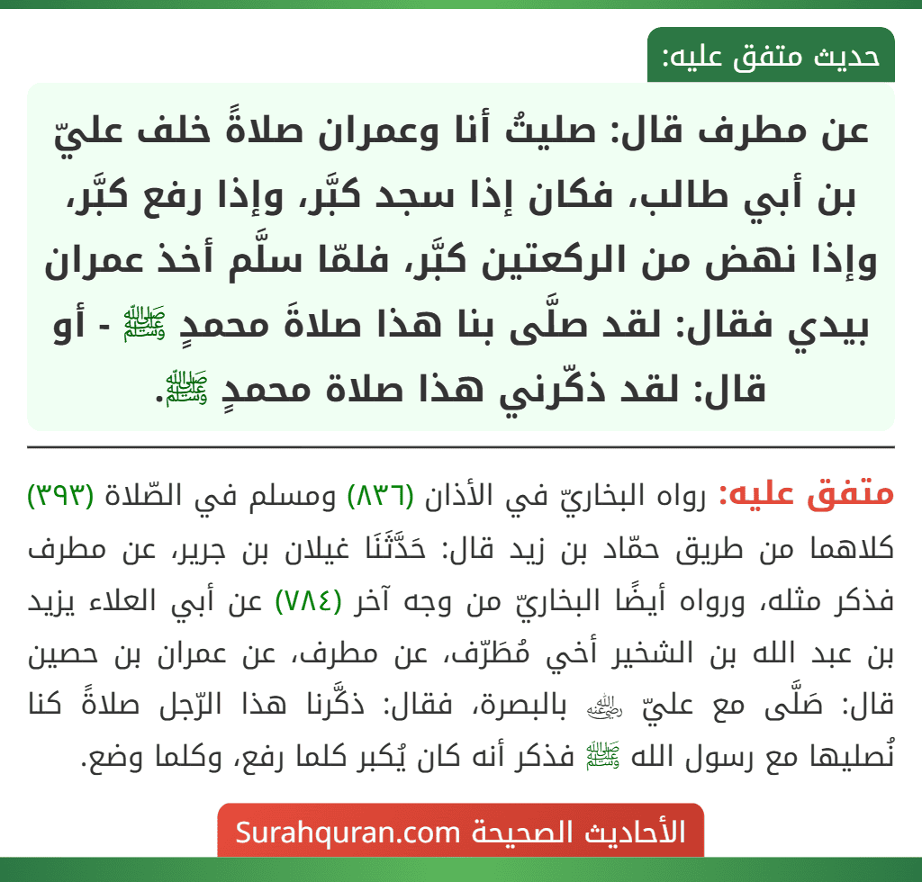 عن مطرف قال: صليتُ أنا وعمران صلاةً خلف عليّ بن أبي طالب، فكان إذا سجد كبَّر، وإذا رفع كبَّر، وإذا نهض من الركعتين كبَّر، فلمّا سلَّم أخذ عمران بيدي فقال: لقد صلَّى بنا هذا صلاةَ محمدٍ ﷺ - أو قال: لقد ذكّرني هذا صلاة محمدٍ ﷺ.