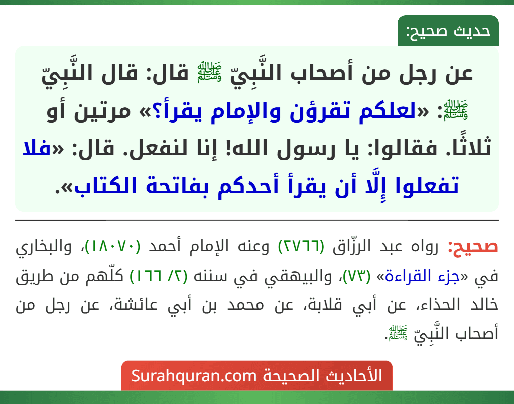 عن رجل من أصحاب النَّبِيّ ﷺ قال: قال النَّبِيّ ﷺ: «لعلكم تقرؤن والإمام يقرأ؟» مرتين أو ثلاثًا. فقالوا: يا رسول الله! إنا لنفعل. قال: «فلا تفعلوا إِلَّا أن يقرأ أحدكم بفاتحة الكتاب».