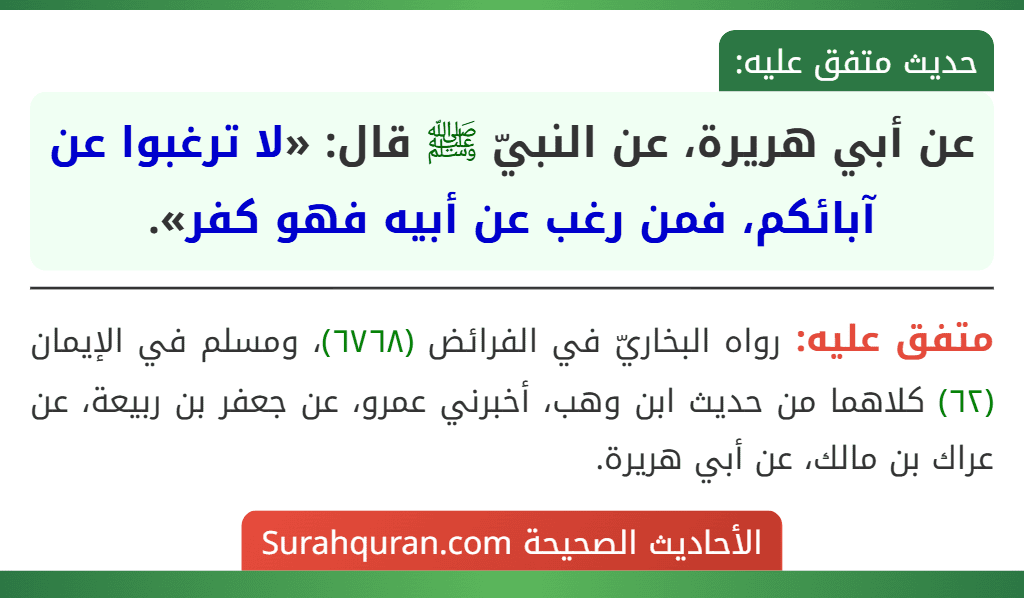 عن أبي هريرة، عن النبيّ ﷺ قال: «لا ترغبوا عن آبائكم، فمن رغب عن أبيه فهو كفر».