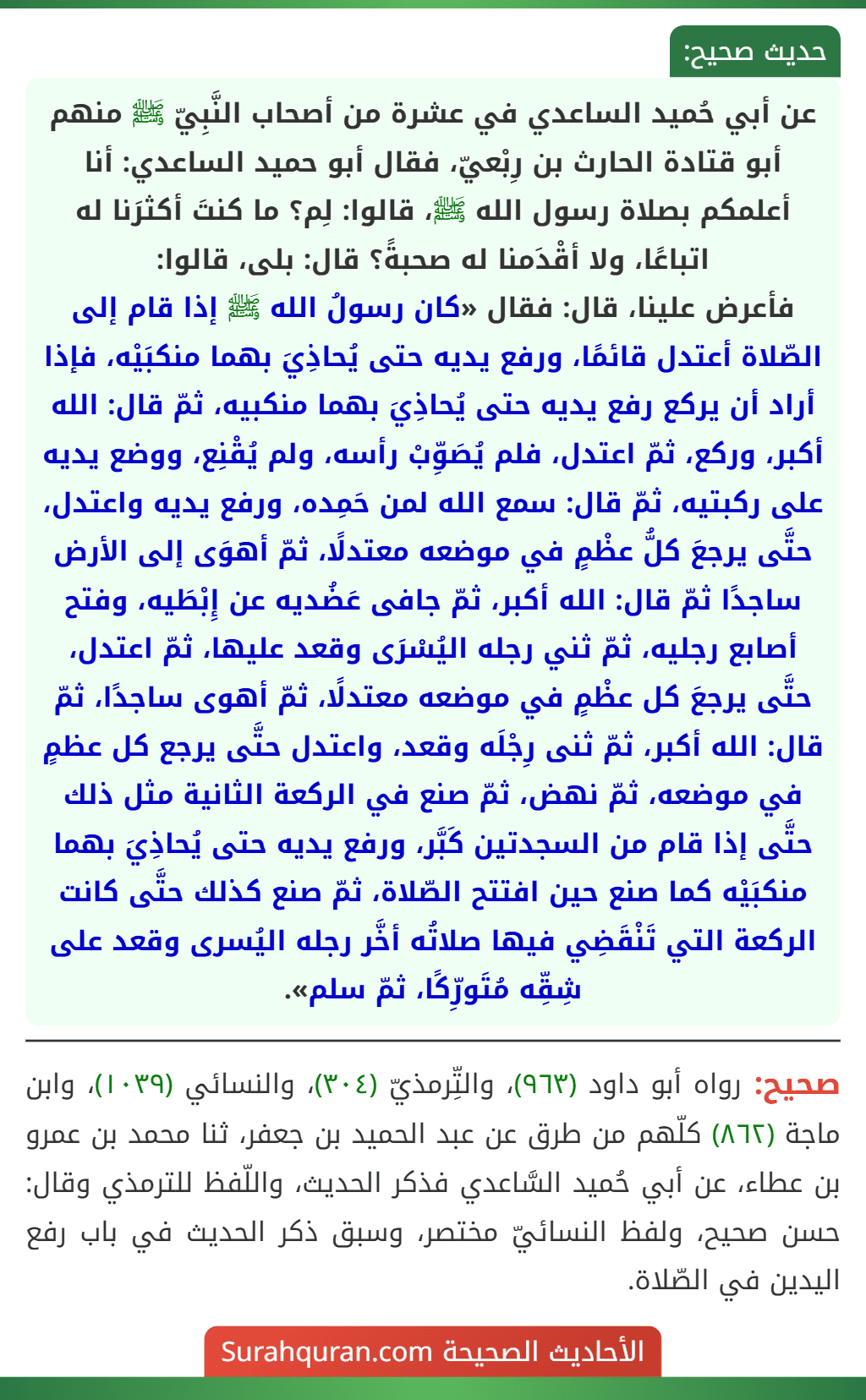 عن أبي حُميد الساعدي في عشرة من أصحاب النَّبِيّ ﷺ منهم أبو قتادة الحارث بن رِبْعيّ، فقال أبو حميد الساعدي: أنا أعلمكم بصلاة رسول الله ﷺ، قالوا: لِم؟ ما كنتَ أكثرَنا له اتباعًا، ولا أقْدَمنا له صحبةً؟ قال: بلى، قالوا:
فأعرض علينا، قال: فقال «كان رسولُ الله ﷺ إذا قام إلى الصّلاة أعتدل قائمًا، ورفع يديه حتى يُحاذِيَ بهما منكبَيْه، فإذا أراد أن يركع رفع يديه حتى يُحاذِيَ بهما منكبيه، ثمّ قال: الله أكبر، وركع، ثمّ اعتدل، فلم يُصَوِّبْ رأسه، ولم يُقْنِع، ووضع يديه على ركبتيه، ثمّ قال: سمع الله لمن حَمِده، ورفع يديه واعتدل، حتَّى يرجعَ كلُّ عظْمٍ في موضعه معتدلًا، ثمّ أهوَى إلى الأرض ساجدًا ثمّ قال: الله أكبر، ثمّ جافى عَضُديه عن إِبْطَيه، وفتح أصابع رجليه، ثمّ ثني رجله اليُسْرَى وقعد عليها، ثمّ اعتدل، حتَّى يرجعَ كل عظْمٍ في موضعه معتدلًا، ثمّ أهوى ساجدًا، ثمّ قال: الله أكبر، ثمّ ثنى رِجْلَه وقعد، واعتدل حتَّى يرجع كل عظمٍ في موضعه، ثمّ نهض، ثمّ صنع في الركعة الثانية مثل ذلك حتَّى إذا قام من السجدتين كَبَّر، ورفع يديه حتى يُحاذِيَ بهما منكبَيْه كما صنع حين افتتح الصّلاة، ثمّ صنع كذلك حتَّى كانت الركعة التي تَنْقَضِي فيها صلاتُه أخَّر رجله اليُسرى وقعد على شِقِّه مُتَورِّكًا، ثمّ سلم». عن أبي حُميد الساعدي في عشرة من أصحاب النَّبِيّ ﷺ منهم أبو قتادة الحارث بن رِبْعيّ، فقال أبو حميد الساعدي: أنا أعلمكم بصلاة رسول الله ﷺ، قالوا: لِم؟ ما كنتَ أكثرَنا له اتباعًا، ولا أقْدَمنا له صحبةً؟ قال: بلى، قالوا:
فأعرض علينا، قال: فقال «كان رسولُ الله ﷺ إذا قام إلى الصّلاة أعتدل قائمًا، ورفع يديه حتى يُحاذِيَ بهما منكبَيْه، فإذا أراد أن يركع رفع يديه حتى يُحاذِيَ بهما منكبيه، ثمّ قال: الله أكبر، وركع، ثمّ اعتدل، فلم يُصَوِّبْ رأسه، ولم يُقْنِع، ووضع يديه على ركبتيه، ثمّ قال: سمع الله لمن حَمِده، ورفع يديه واعتدل، حتَّى يرجعَ كلُّ عظْمٍ في موضعه معتدلًا، ثمّ أهوَى إلى الأرض ساجدًا ثمّ قال: الله أكبر، ثمّ جافى عَضُديه عن إِبْطَيه، وفتح أصابع رجليه، ثمّ ثني رجله اليُسْرَى وقعد عليها، ثمّ اعتدل، حتَّى يرجعَ كل عظْمٍ في موضعه معتدلًا، ثمّ أهوى ساجدًا، ثمّ قال: الله أكبر، ثمّ ثنى رِجْلَه وقعد، واعتدل حتَّى يرجع كل عظمٍ في موضعه، ثمّ نهض، ثمّ صنع في الركعة الثانية مثل ذلك حتَّى إذا قام من السجدتين كَبَّر، ورفع يديه حتى يُحاذِيَ بهما منكبَيْه كما صنع حين افتتح الصّلاة، ثمّ صنع كذلك حتَّى كانت الركعة التي تَنْقَضِي فيها صلاتُه أخَّر رجله اليُسرى وقعد على شِقِّه مُتَورِّكًا، ثمّ سلم».