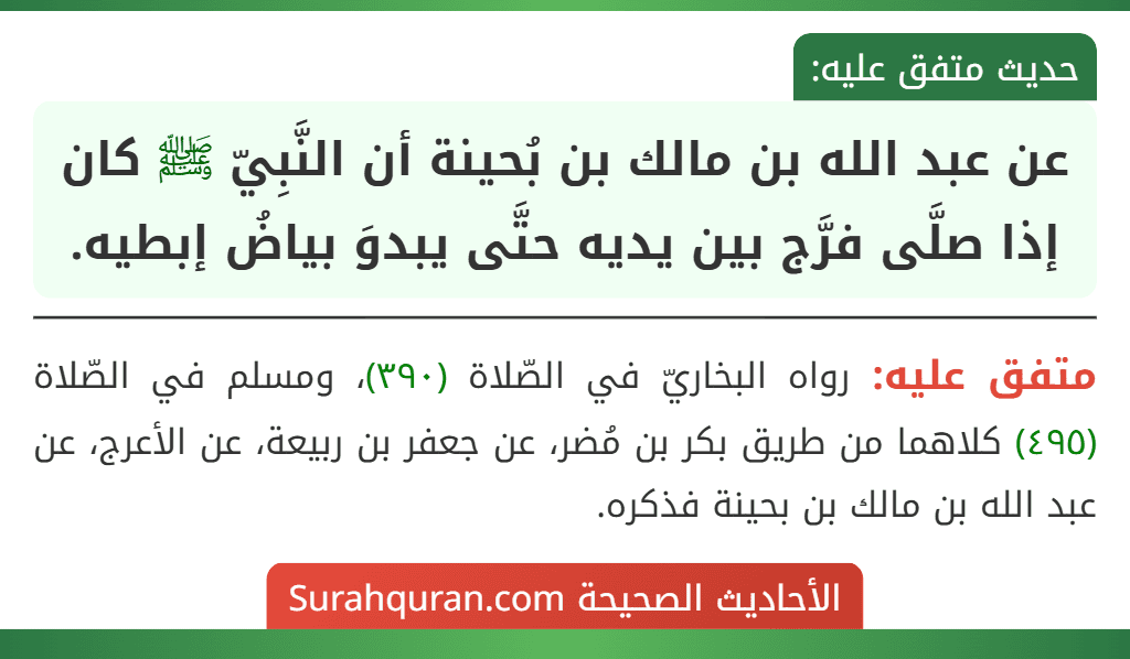 عن عبد الله بن مالك بن بُحينة أن النَّبِيّ ﷺ كان إذا صلَّى فرَّج بين يديه حتَّى يبدوَ بياضُ إبطيه.