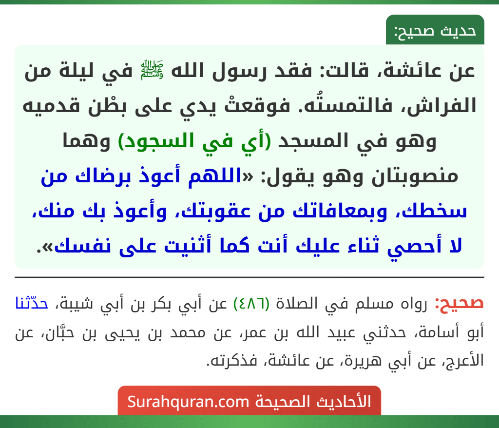 عن عائشة، قالت: فقد رسول الله ﷺ في ليلة من الفراش، فالتمستُه. فوقعتْ يدي على بطْن قدميه وهو في المسجد (أي في السجود) وهما منصوبتان وهو يقول: «اللهم أعوذ برضاك من سخطك، وبمعافاتك من عقوبتك، وأعوذ بك منك، لا أحصي ثناء عليك أنت كما أثنيت على نفسك».