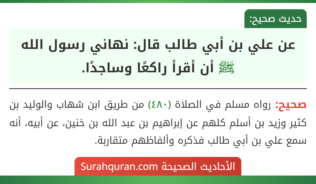 عن علي بن أبي طالب قال: نهاني رسول الله ﷺ أن أقرأ راكعًا وساجدًا. عن علي بن أبي طالب قال: نهاني رسول الله ﷺ أن أقرأ راكعًا وساجدًا.