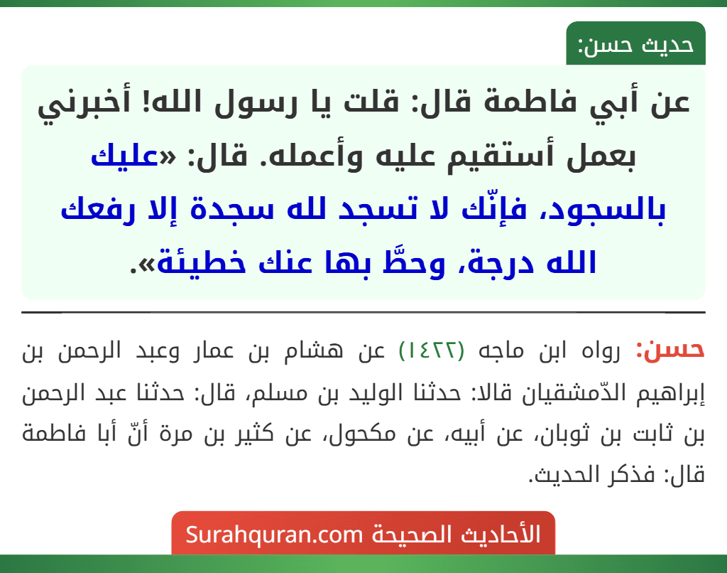 عن أبي فاطمة قال: قلت يا رسول الله! أخبرني بعمل أستقيم عليه وأعمله. قال: «عليك بالسجود، فإنّك لا تسجد لله سجدة إلا رفعك الله درجة، وحطَّ بها عنك خطيئة».